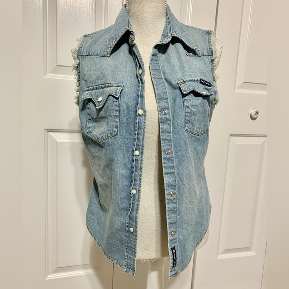 Lucky Brand Vintage Denim Jean Vest Jacket Pearl Snaps Western Cowgirl Biker M - Picture 1 of 7